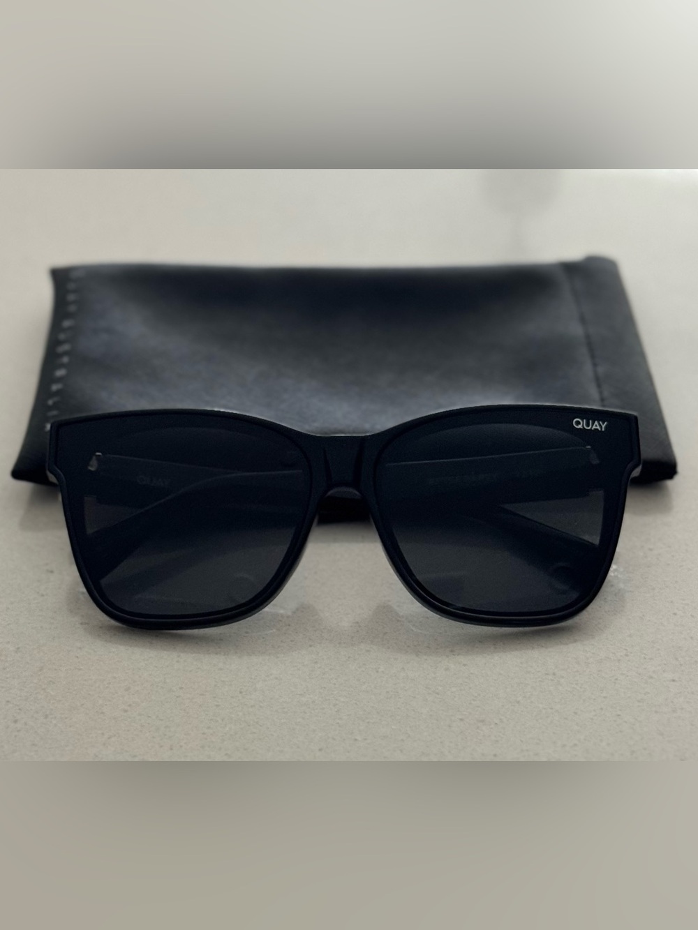QUAY Black Oversized Square Sunglasses Gold Accent + Case